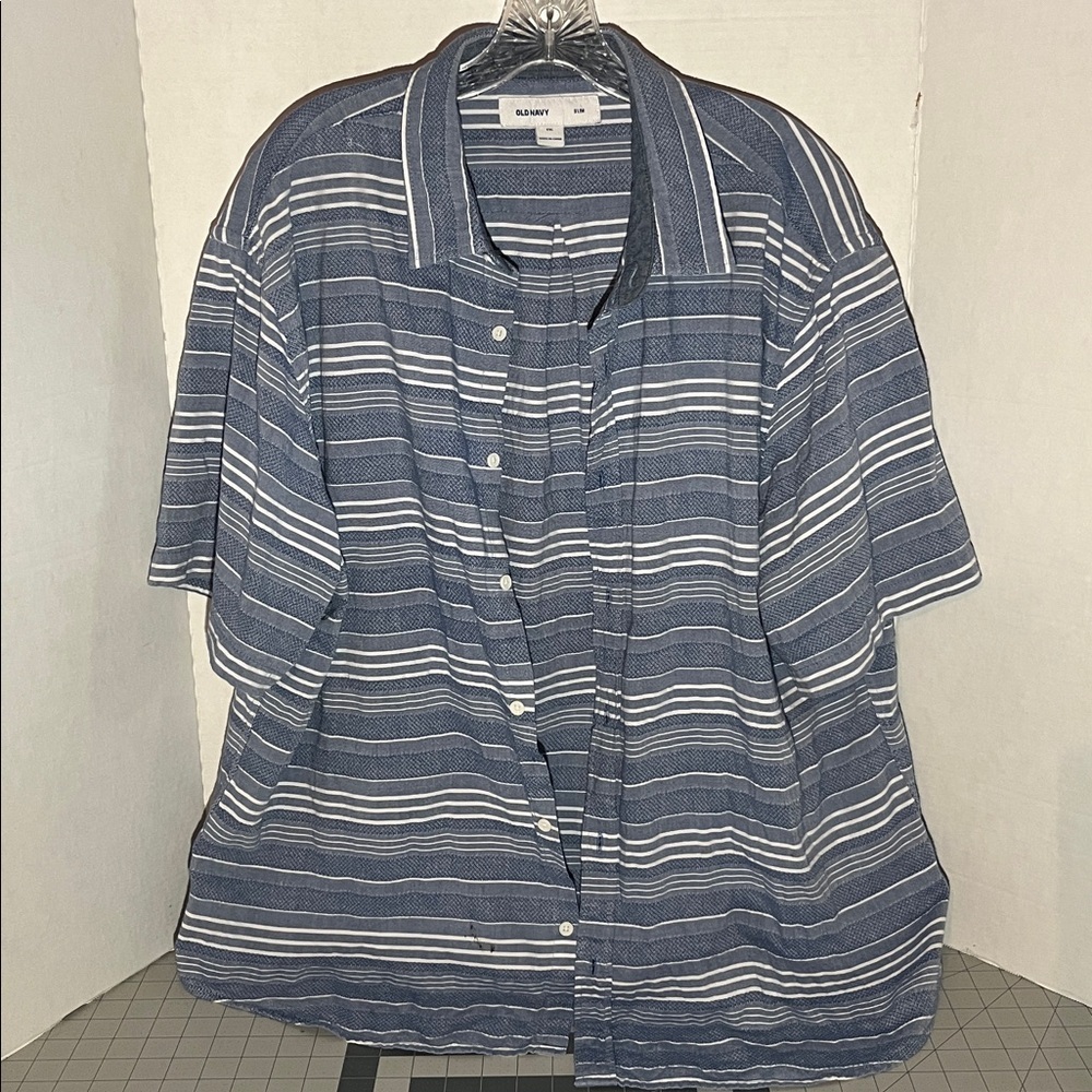 Navy and White Striped Button-Up Shirt